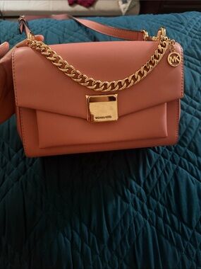 Michael Kors Coral Pink Leather Shoulder Bag with Gold Chain